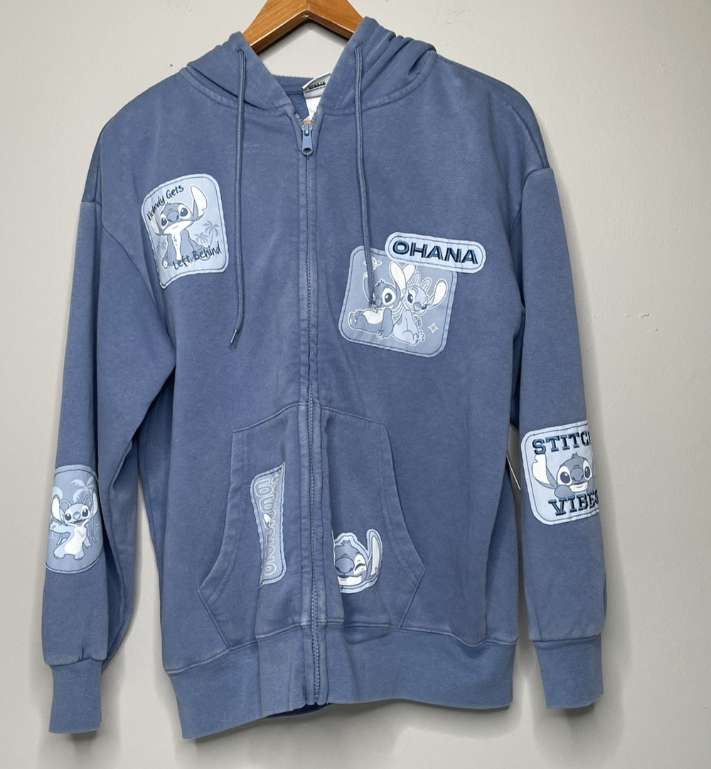 Disney Stitch Ohana Women’s Zip Hoodie Medium Blue Patch Fleece Sweatshirt NWT
